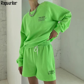 Casual Y2k Brev Print Oversize Sweat Passer Lounge Wear Sweatshirt Og Shorts, To-Delt Sæt Træningsdragt Kvinder Streetwear Tøj