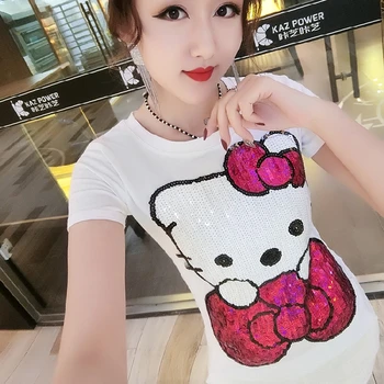 2019 foråret og sommeren koreanske version af den nye T-shirt kvindelige tegnefilm kt kat Slank, kort-langærmet sequined shirt kvinder