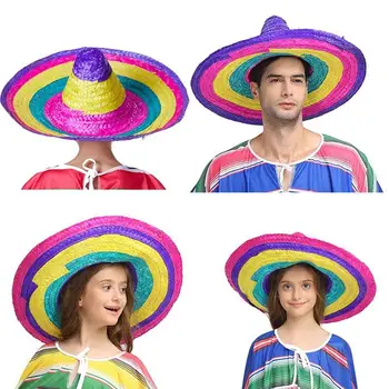 Mænd Kvinder Part Forsyninger Mexicanske Stil Voksen Udendørs Wide Brim Gave Stråhatte Tilfældig Farve Runde Farverige Dekorative Kanter