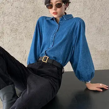 Mode Denim Bluse Kvinder Vintage Puff Ærmer Shirt Mujer Efteråret 2021 Krave, Korte Jeans Blousa Kvinder Smarte Toppe