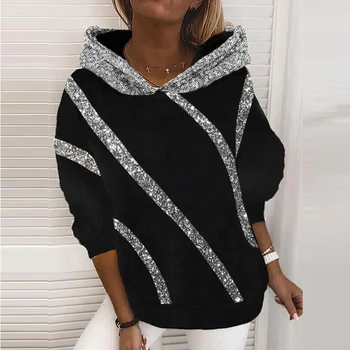 Stjerneklar Print Kvinder Hooded Sweatshirts 2021Spring Elegant Casual Patchwork Paillet Pullover Toppe Kvindelige Lange Ærmer Løs Hættetrøjer