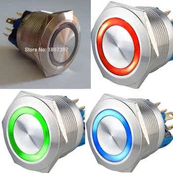 22mm Momentan eller nede, 6V og 12V 24V Tri-farve (RØD/ GRØN/ BLÅ) LED-ringen LED Reset Metal El-Trykknap switch CE, ROHS