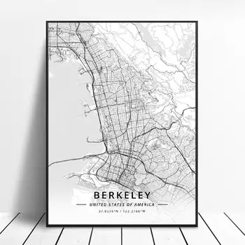 Sort og Hvid Berkeley, Usa Breddegrad Længdegrad Lærred Kunst Plakat Kort