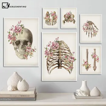 Blomster Skelet Knogler Anatomi Plakat Kraniet, Rygsøjlen Medicinsk Væg Kunst Print-Kanvas At Male Abstrakt Billede Klinik Hjem Dekoration