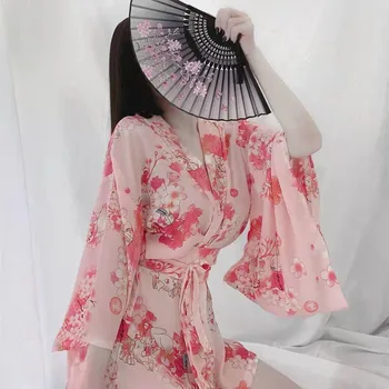 Anime Cosplay Undertøj Japansk Kimono Kjole Trælkvinde Pink Nattøj Halloween Kostume til Kvinder Sexy Stuepige Uniform Kjole Bælte