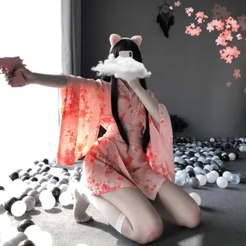 Anime Cosplay Undertøj Japansk Kimono Kjole Trælkvinde Pink Nattøj Halloween Kostume til Kvinder Sexy Stuepige Uniform Kjole Bælte
