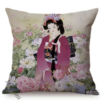 Smuk Japan Etniske Tradition Kvinde Portræt Pudebetræk Vintage Vand Farve Art Dekoration Sofa Smide Pude Dække Cojines
