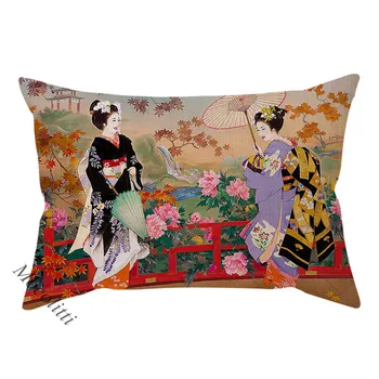 Smuk Japan Etniske Tradition Kvinde Portræt Pudebetræk Vintage Vand Farve Art Dekoration Sofa Smide Pude Dække Cojines