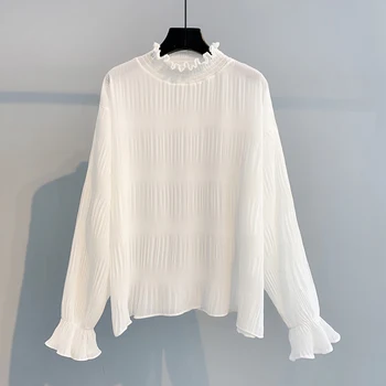 Rullekrave flæser solid hvid strikket kvinder sweater, trøjer langærmet løs elegante kontor dame alle match buttoming toppe