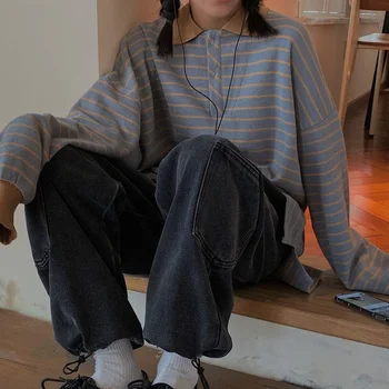 Polo Krave Dame Hoodies Stribet Sweatshirt Koreanske Foråret Efteråret Vintage Løs Afslappet Oversize Top Kvinder Hættetrøjer