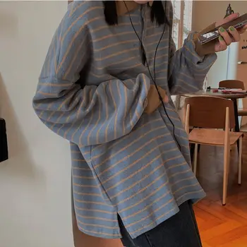 Polo Krave Dame Hoodies Stribet Sweatshirt Koreanske Foråret Efteråret Vintage Løs Afslappet Oversize Top Kvinder Hættetrøjer