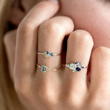 Vintage Kvinder Hvid Blå Krystal Ring Sæt Gule Guld Farve Vielsesringe For Kvinder Luksus Engagement Ring Smykker