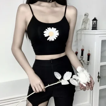 Gothblack Streetwear Sexet Slank Sort Tank Tops Gotiske Kvinder Daisy Udskrivning Bodycon Casual Afgrøde Toppe I 2020 Sommeren Nye Camisole