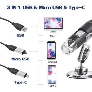 Justerbar 1600X 2MP 1080P 8 LED Digital Mikroskop Type-C/Mikro-USB-Forstørrelse Elektroniske Stereo USB Endoskop Til PC
