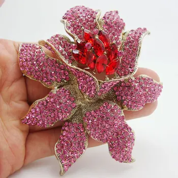 Fashionable Smykker Elegante Orkidé Blomster Broche Pin-Vedhæng Hot Pink Krystal Rhinestone