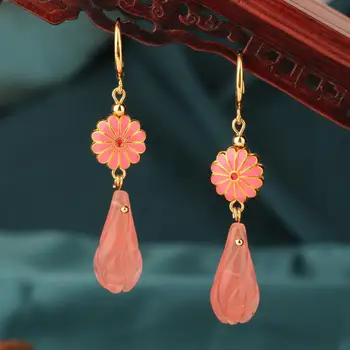 NYE lange Vintage Enkel lyserød blomst dråbe øreringe etniske Vandmelon crystal øreringe til kvinder Smykker gave