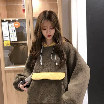 Imiteret lam uld hættetrøjer kvinder efterår og vinter nye studerende plus fleece koreansk stil løs dovne stil fat søster sweatshirt jakke