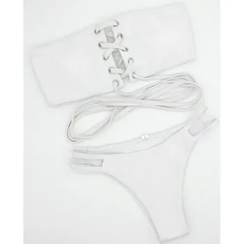 Kvinder Solid Hvid Bandeau Lace-up Polstret Bh, Trusser, Badetøj, Lav Talje Badning Badetøj Badetøj 2021 Bikini Sæt