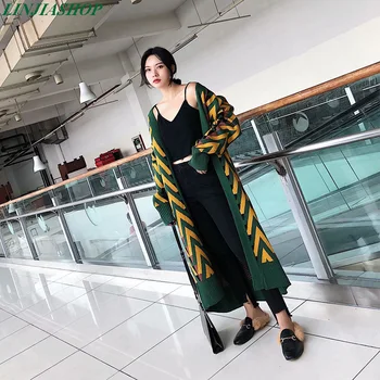 Super smart bluse grøn cardigan lang sweater med lange ærmer kimonoer efterår og vinter kvinder ourwear gul bomuld blanding sweater