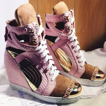 Patchwork Højde Increasining Kvinder Casual Sko Wedges Sneakers I Ægte Læder Metal Toe Pink Lace Up Platform Sko Kvinder