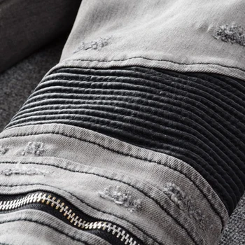 Mænds PU læder patchwork plisserede biker jeans Streetwear lynlåse rippet grå stretch denim tynde blyant bukser
