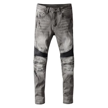 Mænds PU læder patchwork plisserede biker jeans Streetwear lynlåse rippet grå stretch denim tynde blyant bukser
