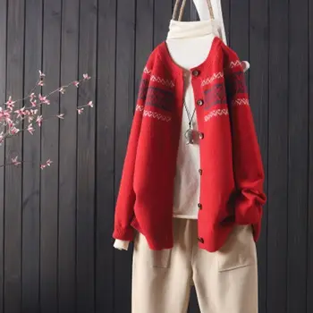 Raglan ærmer strikket cardigan jacquard sweater efterår og vinter nye retro dovne stil jakke kvinder