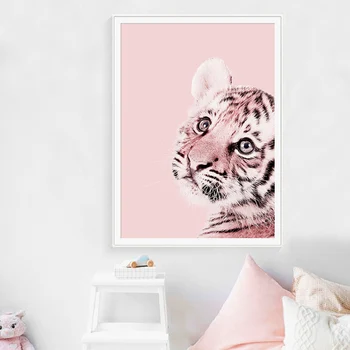 Pink Tiger Søde Dyr Bear Kanin Væg Kunst, Lærred Maleri Nordiske Plakater Og Prints Væg Billeder Baby Kids Room Home Decor