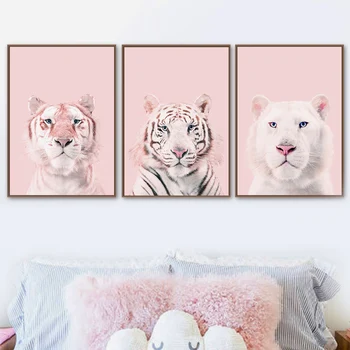 Pink Tiger Søde Dyr Bear Kanin Væg Kunst, Lærred Maleri Nordiske Plakater Og Prints Væg Billeder Baby Kids Room Home Decor