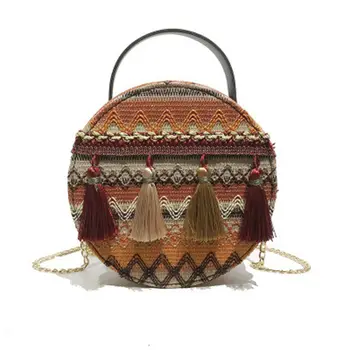 Etnisk stil kvinders sort skulder taske mode vævet kontrast farve håndtaske sommer strand taske Messenger taske
