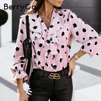 BerryGo V hals bluse elegante kvinder Løs smart efterårs skjorte, mine damer Mode trykt chiffon casual overdele tøj, nye 2020