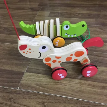 Baby pædagogisk træ legetøj trække sammen krokodille, hund i lyse farver, god kvalitet god gave til dreng pige krop sving, når det går