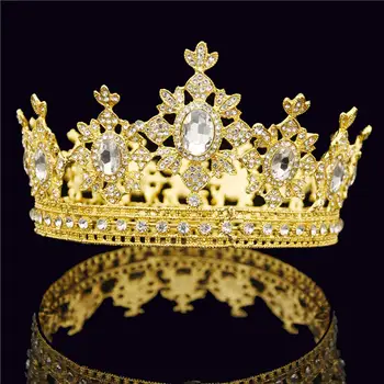 Barok-Royal Queen, King Tiara Krone for Mandlige Bryllup Hår Smykker Rød Krystal Runde Diadem Guld Hoved Tilbehør til Bruden