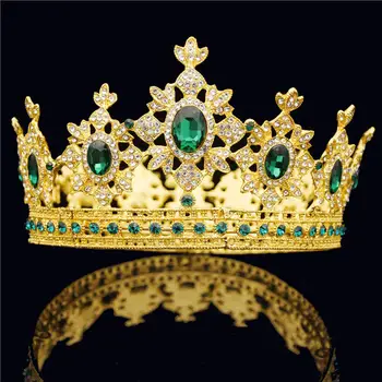 Barok-Royal Queen, King Tiara Krone for Mandlige Bryllup Hår Smykker Rød Krystal Runde Diadem Guld Hoved Tilbehør til Bruden