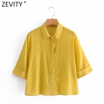 Zevity 2021 Nye Kvinder Mode Tre Kvart Ærme Gul Farve Chiffon Bluse med Smock Kvindelige Løs Shirts Smarte Blusas Toppe LS7546