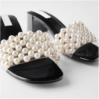 Mode 2020 Sommeren Damer, hjemmesko og sandaler PVC med Perler Sandaler med Høj hæl Kvinder dias