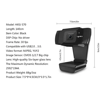 HXSJ S70 HD-Webcam med Autofokus Web-Kamera 5 Megapixel understøtter 720P 1080 Video Opkald Computer Perifere Kamera HD-Webcams Desktop