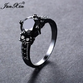 JUNXIN Store Runde Sorte Zircon Ringe Til Kvinder mænd Sort Guld Fyldt Fashion Bryllup Part Engagement Ring Enkle Smykker