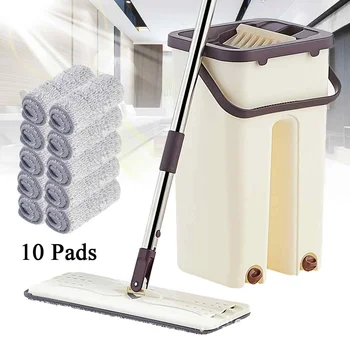 Flat Squeeze Mop and Bucket Usage on Hardwood Laminate Tile Hand Free Wringing Floor Cleaning Mop Microfiber Mop Pads Wet Dry