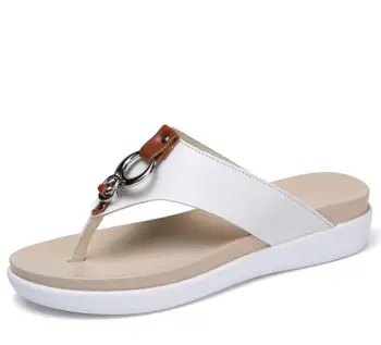 Ægte læder damer tøfler tyk bund damer komfortabel flip-flops damer sommer sko læder sandaler kvinder flad sandal