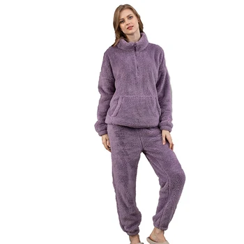 Varm, Vinteren Hjem Tøj Til Kvinder Bløde Komfortable Pyjamas Sæt Par Flannel Nattøj Lynlås Lomme Rullekrave Homewear
