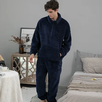 Varm, Vinteren Hjem Tøj Til Kvinder Bløde Komfortable Pyjamas Sæt Par Flannel Nattøj Lynlås Lomme Rullekrave Homewear