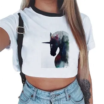 CDJLFH 2018 Kvinder Tees Sexet Afgrøde Top Shirt Mode Unicorn Theme Hvid T-shirt Kort Ærme Rund Hals Top Shirt S M L Størrelse