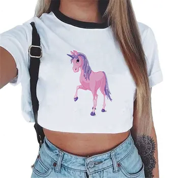CDJLFH 2018 Kvinder Tees Sexet Afgrøde Top Shirt Mode Unicorn Theme Hvid T-shirt Kort Ærme Rund Hals Top Shirt S M L Størrelse
