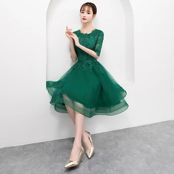 Elegant Grøn Kort Tyl gallakjoler med Halv-Ærmet Sexy Lace Applique Knæet-Længde Formel Kjole Evening Party Dress Plus Størrelse