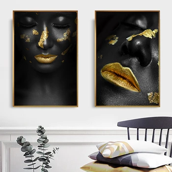 Smuk Gylden Sort Dame Gyldne Lærred Maleri Mode Plakat Print Til stuen HD Væg Kunst Ins Hjem Cuadros Decoracion