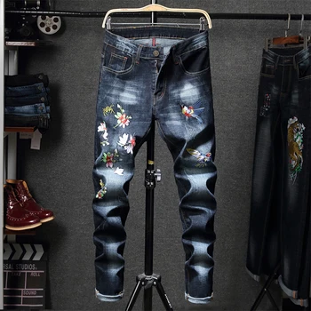 Broderi Jeans Mænd Mørke Blå Stretch Slank Streetwear Denim Bukser Casual Retro Biker Jeans Mand Hiphop Bukser