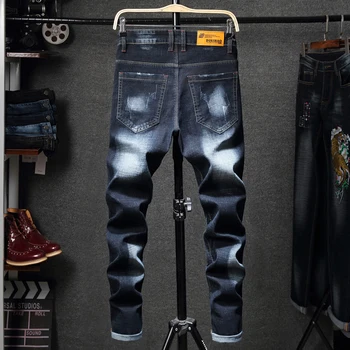 Broderi Jeans Mænd Mørke Blå Stretch Slank Streetwear Denim Bukser Casual Retro Biker Jeans Mand Hiphop Bukser