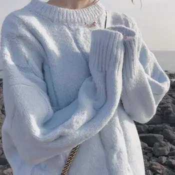 Japansk oversize sweater kvinder er alsidig mode afslappet sweater vinteren, varm, Strikket pullover Solid Kvinder