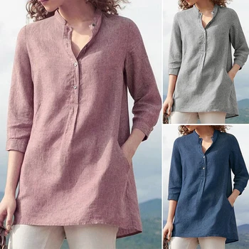 Mode-Knappen Shirts til Kvinder Efteråret Bluse 2020 Casual 3/4 Ærme Blusas Kvinder V Hals Toppe Plus Size Kvinde Tunika 5XL